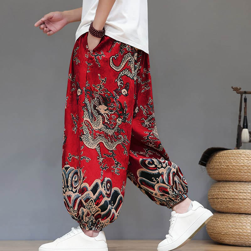 Pantalon harem homme en coton et lin avec poches, motif dragon d'été et cordon de serrage , Buddha Stones - image 3