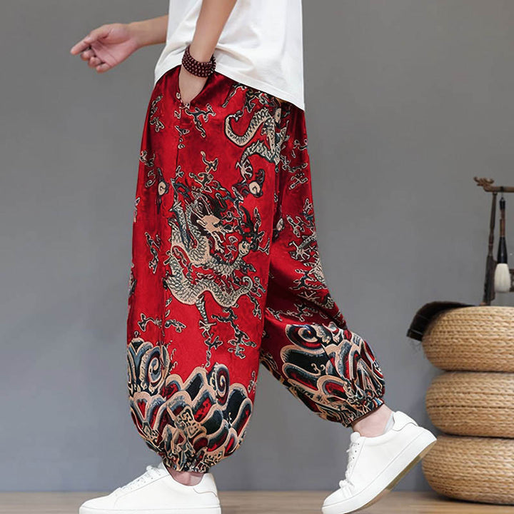 Pantalon harem homme en coton et lin avec poches, motif dragon d'été et cordon de serrage , Buddha Stones - image 3