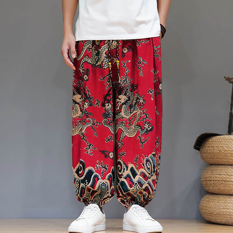 Pantalon harem homme en coton et lin avec poches, motif dragon d'été et cordon de serrage , Buddha Stones - image 8