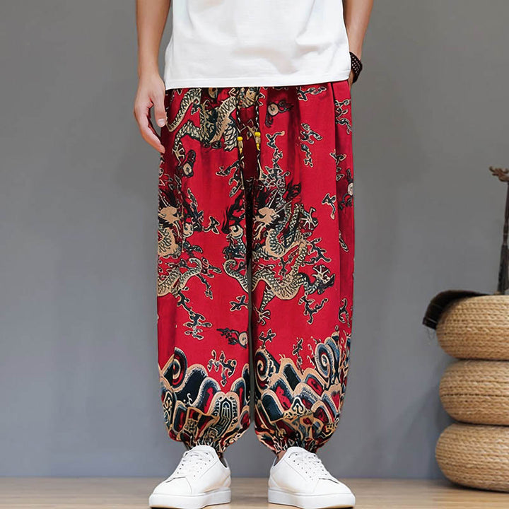 Pantalon harem homme en coton et lin avec poches, motif dragon d'été et cordon de serrage , Buddha Stones - image 8