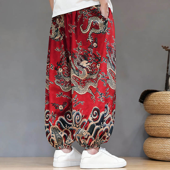 Pantalon harem homme en coton et lin avec poches, motif dragon d'été et cordon de serrage , Buddha Stones - image 4