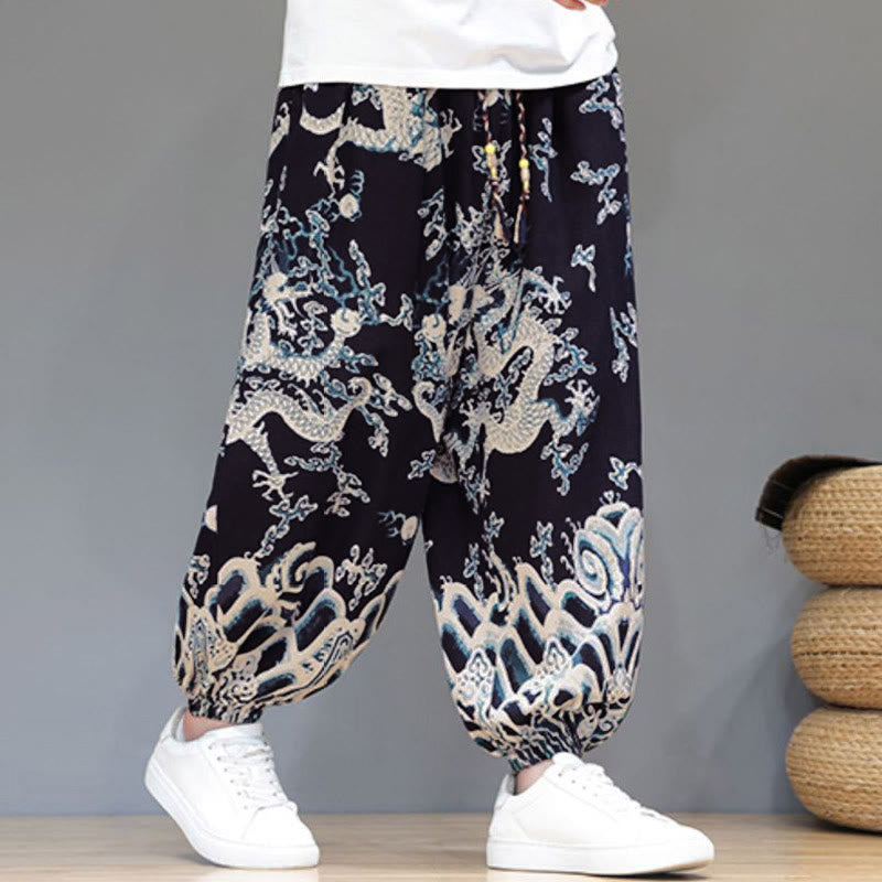Pantalon harem homme en coton et lin avec poches, motif dragon d'été et cordon de serrage , Buddha Stones - image 11