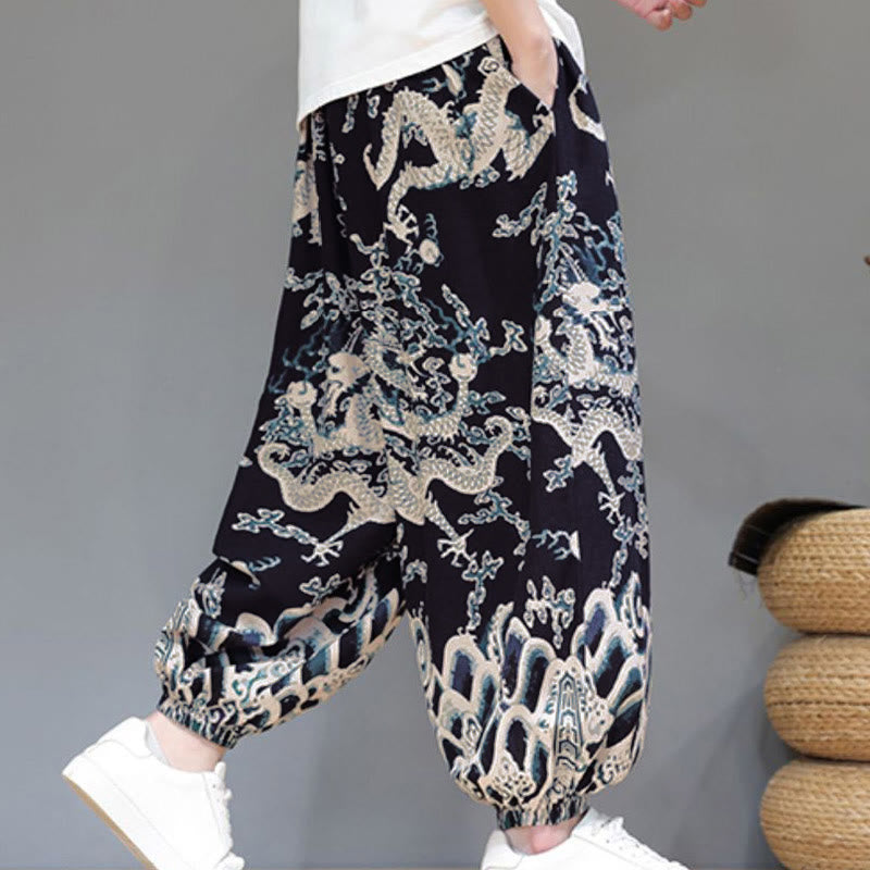 Pantalon harem homme en coton et lin avec poches, motif dragon d'été et cordon de serrage , Buddha Stones - image 15
