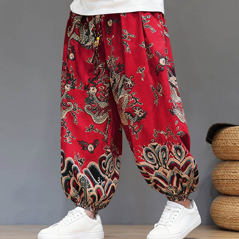 Pantalon harem homme en coton et lin avec poches, motif dragon d'été et cordon de serrage , Buddha Stones - image 1