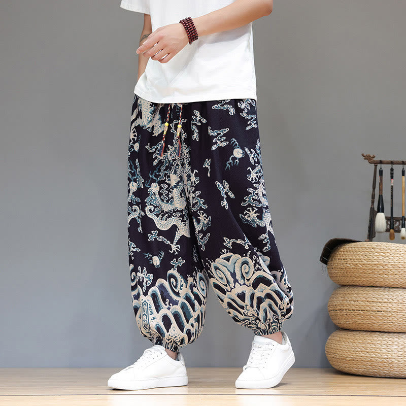 Pantalon harem homme en coton et lin avec poches, motif dragon d'été et cordon de serrage , Buddha Stones - image 16