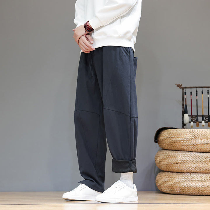 Pantalon d'hiver pour homme en coton et lin doublé polaire, couleur unie, avec poches, Buddha Stones - image 2
