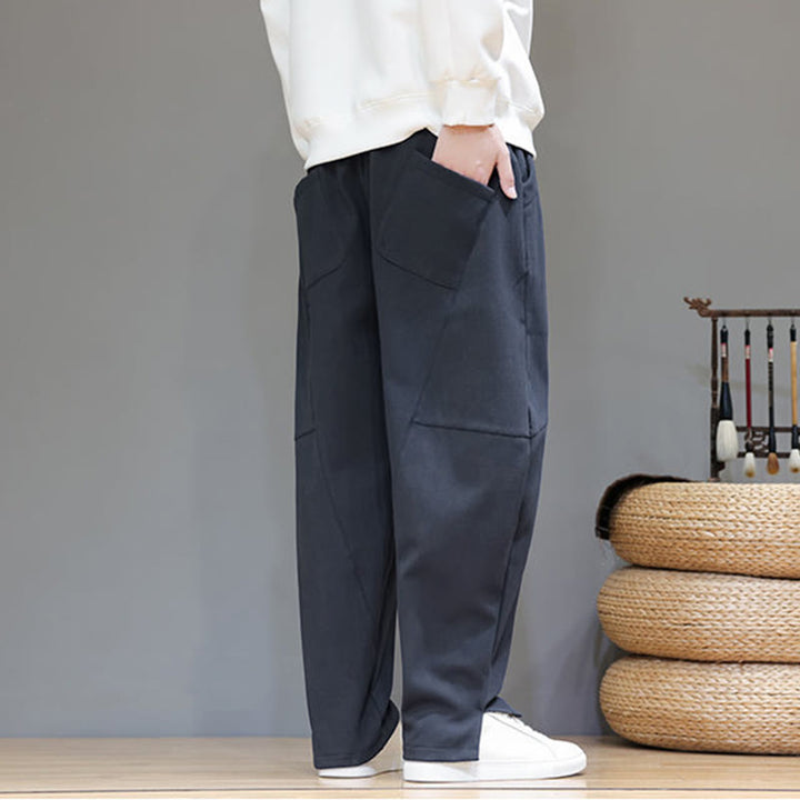Pantalon d'hiver pour homme en coton et lin doublé polaire, couleur unie, avec poches, Buddha Stones - image 4