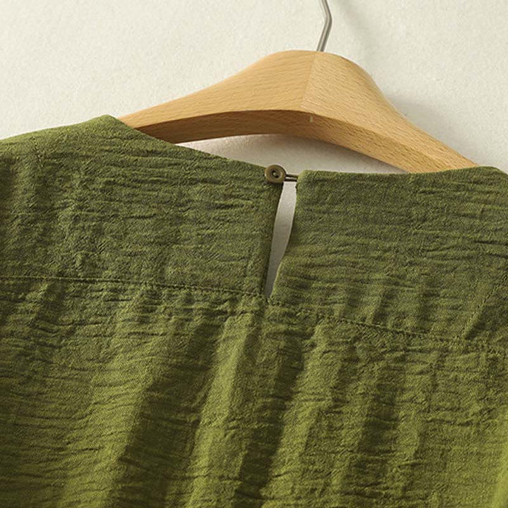Chemise à manches longues en coton et lin vert olive décontracté Buddha Stones, col rond, pour femme - image 3