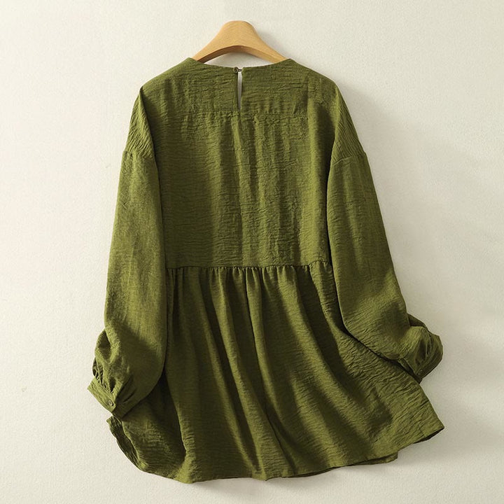 Chemise à manches longues en coton et lin vert olive décontracté Buddha Stones, col rond, pour femme - image 1