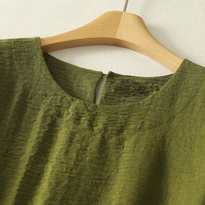 Chemise à manches longues en coton et lin vert olive décontracté Buddha Stones, col rond, pour femme - image 2