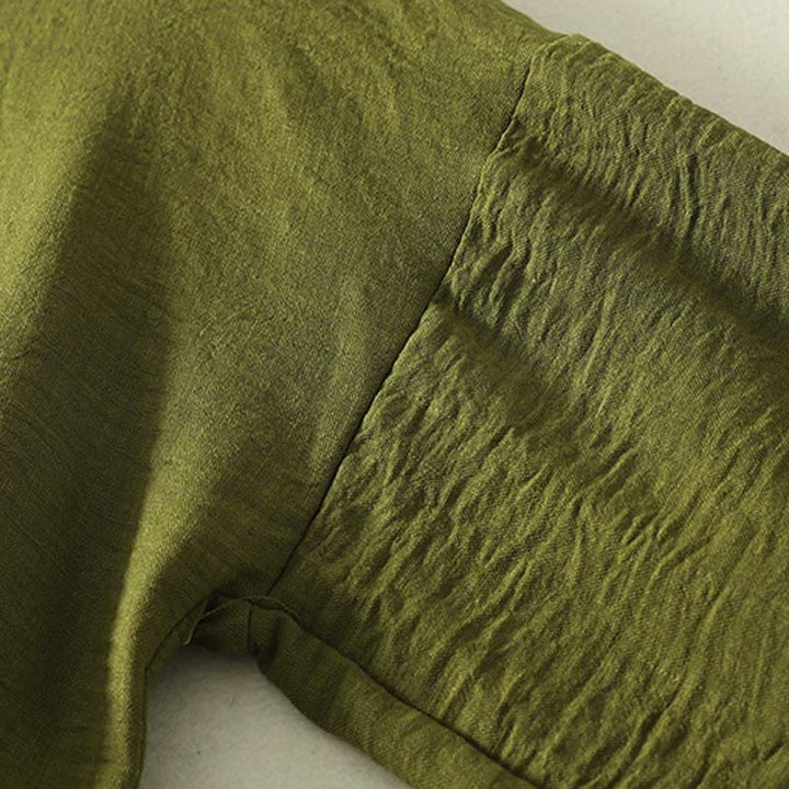 Chemise à manches longues en coton et lin vert olive décontracté Buddha Stones, col rond, pour femme - image 5
