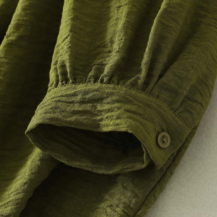 Chemise à manches longues en coton et lin vert olive décontracté Buddha Stones, col rond, pour femme - image 6