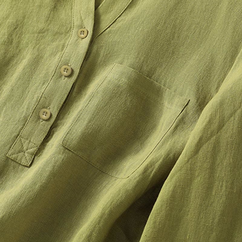 Chemise à manches longues pour femme, motif Buddha Stones, kaki foncé, col montant et demi-boutons - image 6