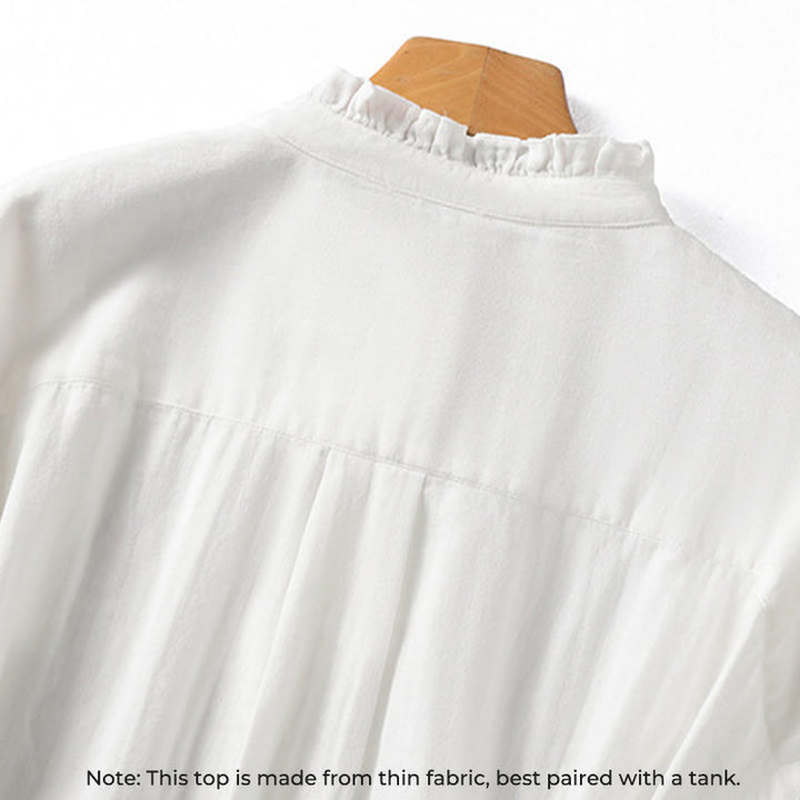 Chemise en coton à manches longues pour femme , Buddha Stones, blanche et à col volanté - image 4