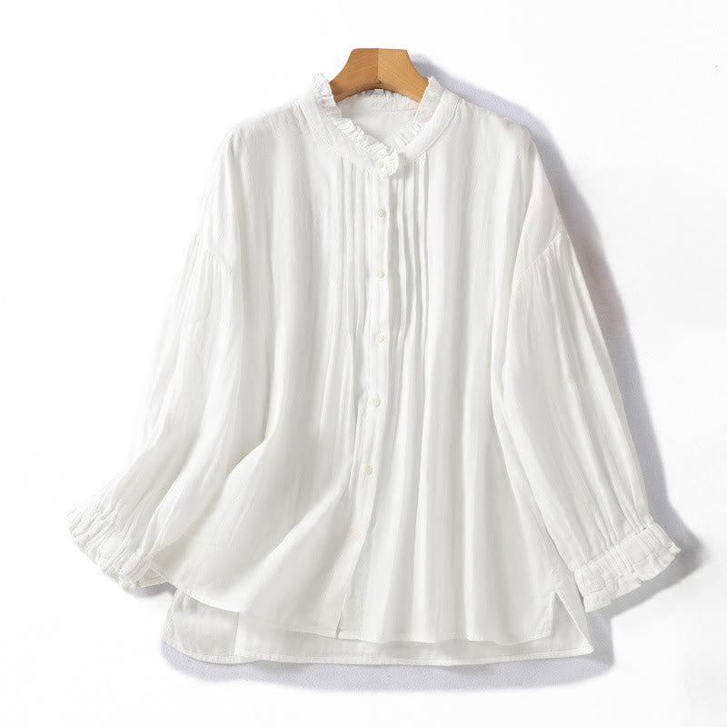 Chemise en coton à manches longues pour femme , Buddha Stones, blanche et à col volanté - Blanc - US12，UK/AU16，EU44 (2XL) - image 0