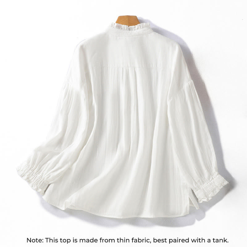 Chemise en coton à manches longues pour femme , Buddha Stones, blanche et à col volanté - image 1