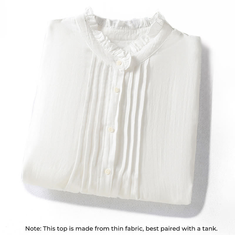 Chemise en coton à manches longues pour femme , Buddha Stones, blanche et à col volanté - image 2