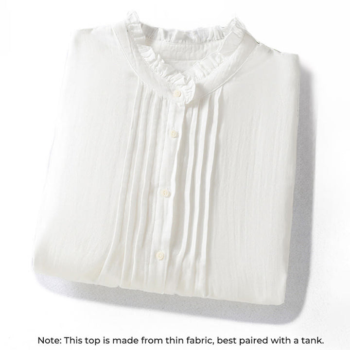 Chemise en coton à manches longues pour femme , Buddha Stones, blanche et à col volanté - image 2