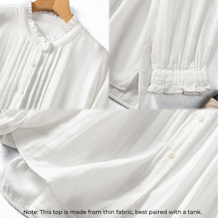 Chemise en coton à manches longues pour femme , Buddha Stones, blanche et à col volanté - image 9