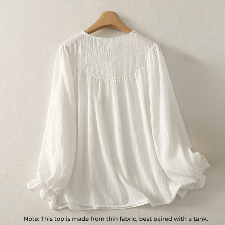 Chemise en coton à manches longues et volants pour femme, ornée de boutons blancs et de Buddha Stones - image 1