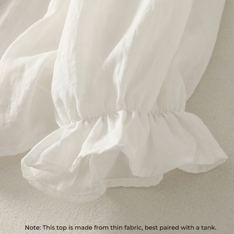 Chemise en coton à manches longues et volants pour femme, ornée de boutons blancs et de Buddha Stones - image 5