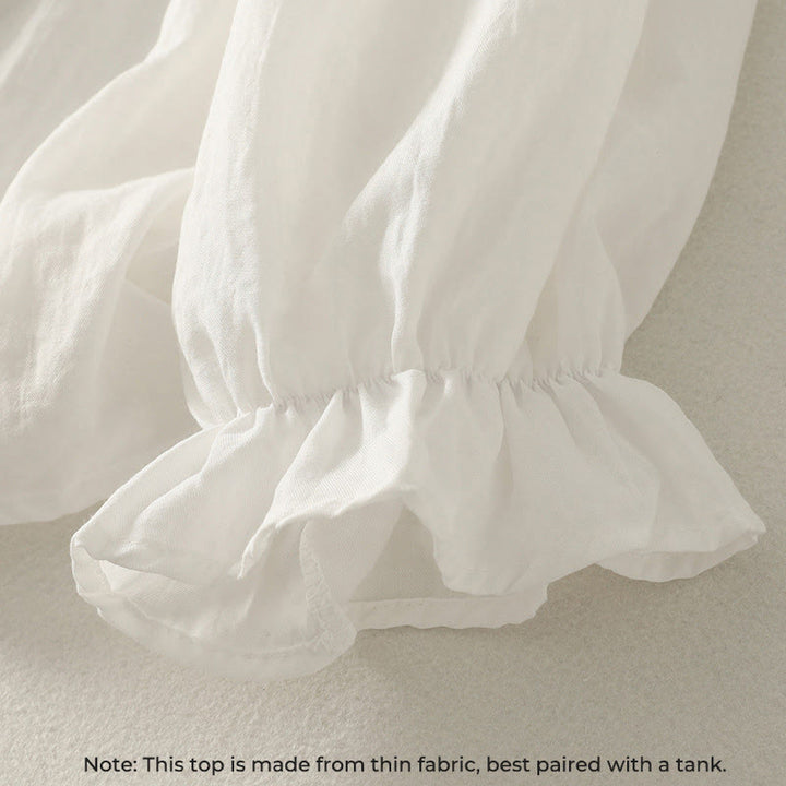 Chemise en coton à manches longues et volants pour femme, ornée de boutons blancs et de Buddha Stones - image 5