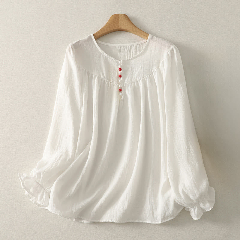 Chemise en coton à manches longues et volants pour femme, ornée de boutons blancs et de Buddha Stones - Blanc - US8-10，UK/AU12-14，EU40-42 (2XL) - image 0