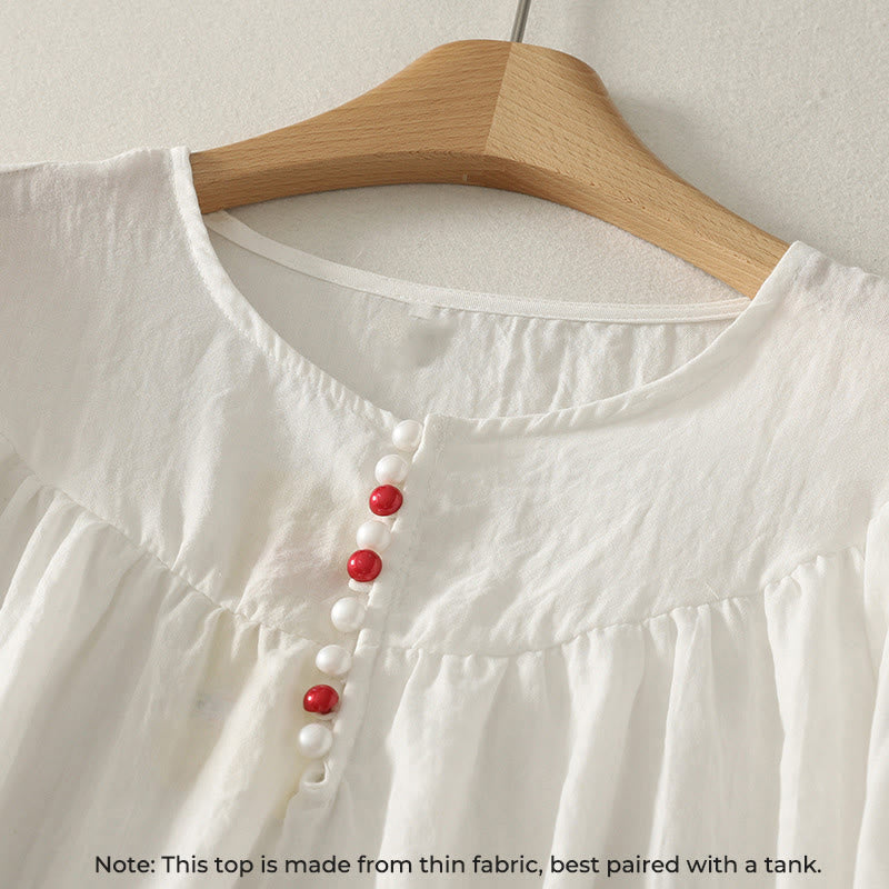 Chemise en coton à manches longues et volants pour femme, ornée de boutons blancs et de Buddha Stones - image 2