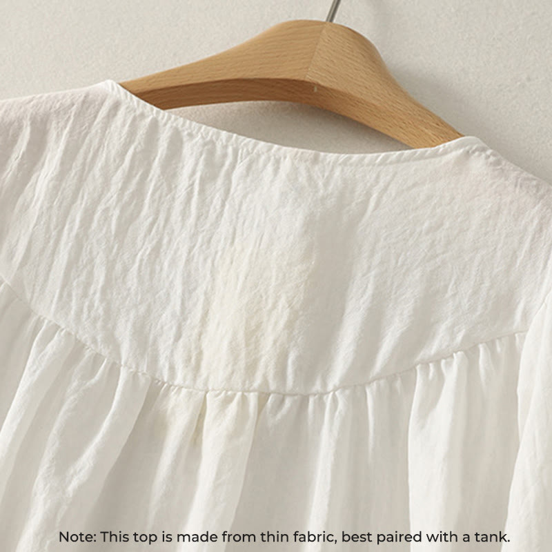 Chemise en coton à manches longues et volants pour femme, ornée de boutons blancs et de Buddha Stones - image 3