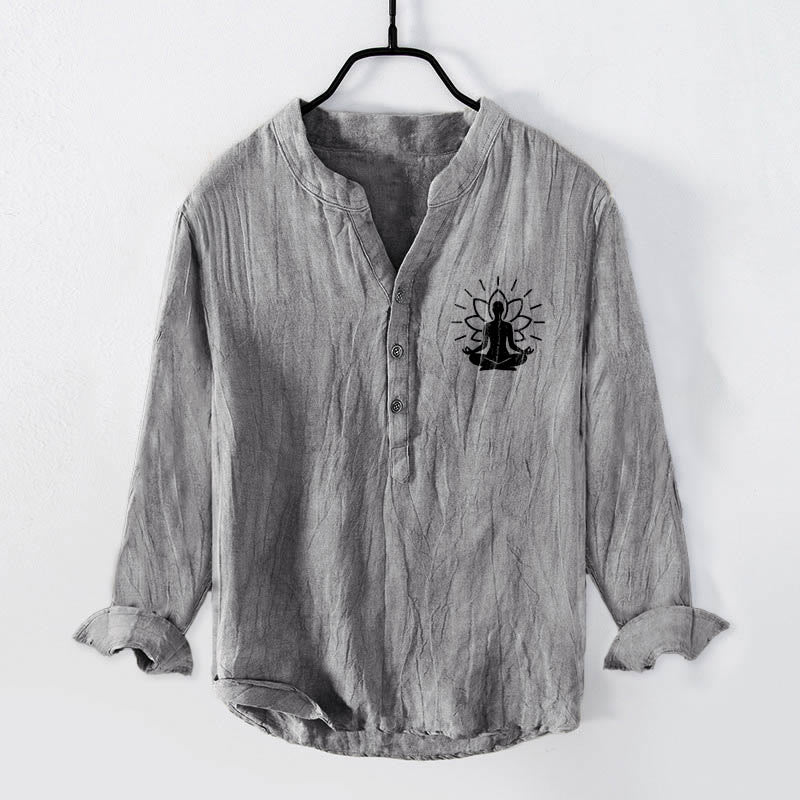 Chemise à manches longues pour homme en coton et lin, motif Bouddha méditant et lotus, demi-boutons, ornée de Buddha Stones - Gris - US/UK/AU50，EU60 (5XL) - image 0