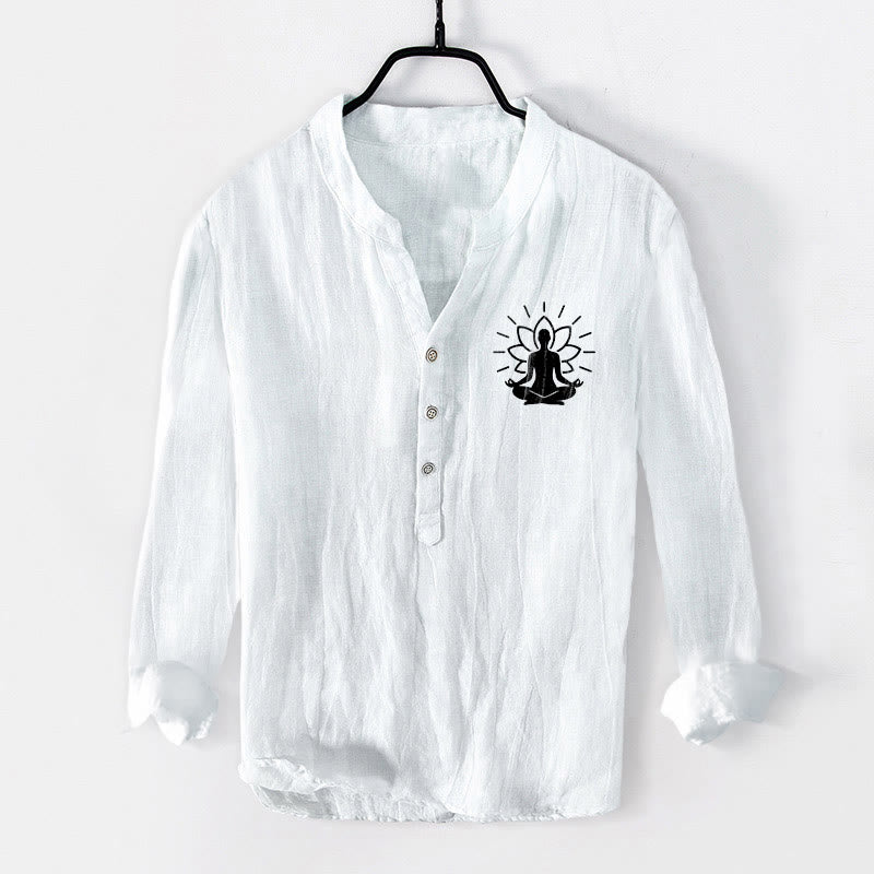 Chemise à manches longues pour homme en coton et lin, motif Bouddha méditant et lotus, demi-boutons, ornée de Buddha Stones - Blanc - US/UK/AU50，EU60 (5XL) - image 6