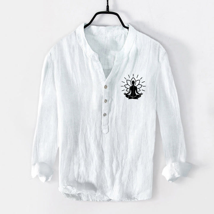 Chemise à manches longues pour homme en coton et lin, motif Bouddha méditant et lotus, demi-boutons, ornée de Buddha Stones - Blanc - US/UK/AU50，EU60 (5XL) - image 6