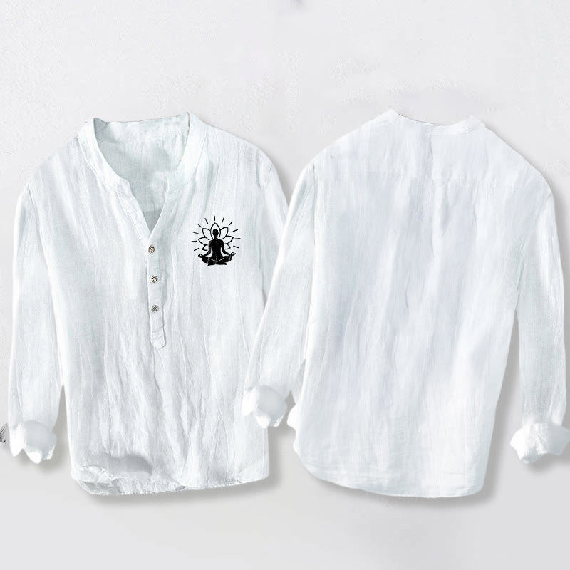 Chemise à manches longues pour homme en coton et lin, motif Bouddha méditant et lotus, demi-boutons, ornée de Buddha Stones - image 8