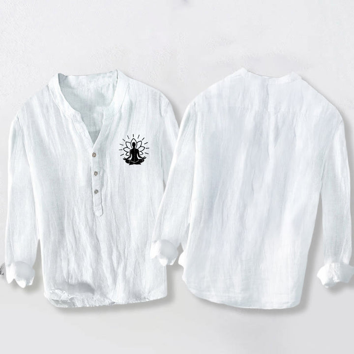 Chemise à manches longues pour homme en coton et lin, motif Bouddha méditant et lotus, demi-boutons, ornée de Buddha Stones - image 8