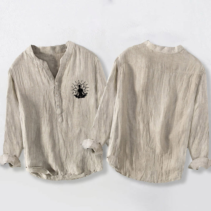 Chemise à manches longues pour homme en coton et lin, motif Bouddha méditant et lotus, demi-boutons, ornée de Buddha Stones - image 5