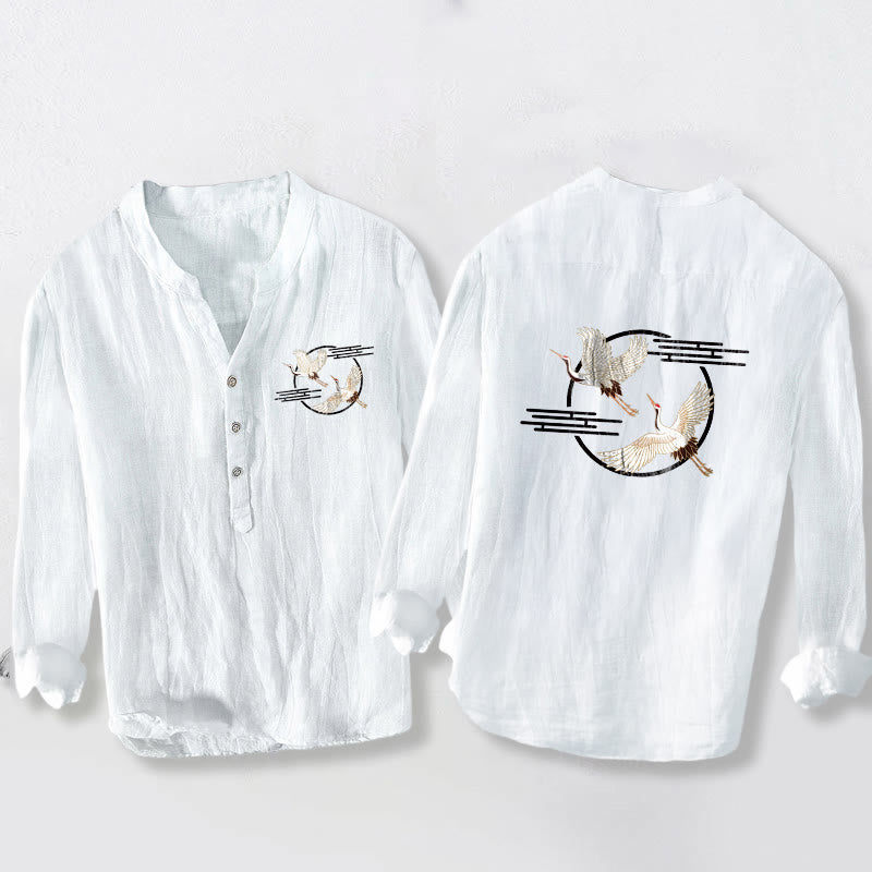 Chemise à manches longues pour homme en coton et lin, motif de grues blanches en vol et Buddha Stones - Blanc - US/UK/AU50，EU60 (5XL) - image 3