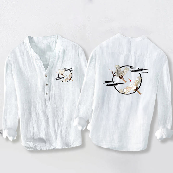 Chemise à manches longues pour homme en coton et lin, motif de grues blanches en vol et Buddha Stones - Blanc - US/UK/AU50，EU60 (5XL) - image 3