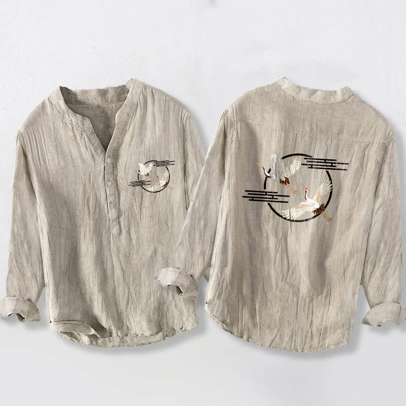 Chemise à manches longues pour homme en coton et lin, motif de grues blanches en vol et Buddha Stones - Lin - US/UK/AU50，EU60 (5XL) - image 6