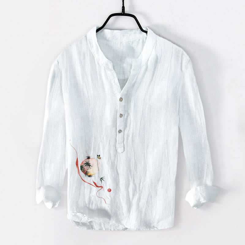 Chemise à manches longues pour homme en coton et lin, motif lanterne en bambou et Buddha Stones , papillon et demi-boutons - Blanc - US/UK/AU50，EU60 (5XL) - image 3