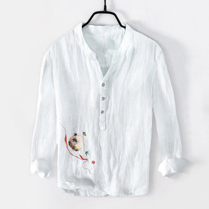 Chemise à manches longues pour homme en coton et lin, motif lanterne en bambou et Buddha Stones , papillon et demi-boutons - Blanc - US/UK/AU50，EU60 (5XL) - image 3