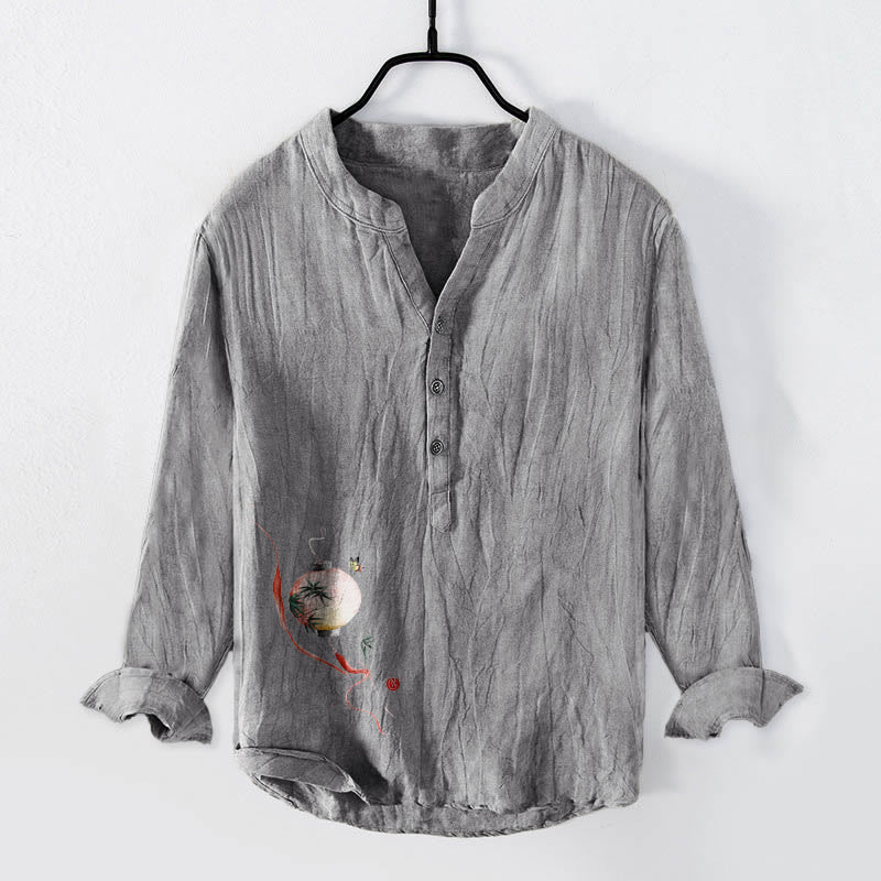 Chemise à manches longues pour homme en coton et lin, motif lanterne en bambou et Buddha Stones , papillon et demi-boutons - Gris - US/UK/AU50，EU60 (5XL) - image 6