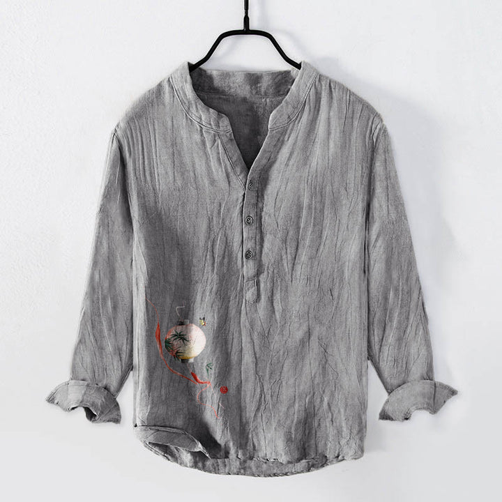 Chemise à manches longues pour homme en coton et lin, motif lanterne en bambou et Buddha Stones , papillon et demi-boutons - Gris - US/UK/AU50，EU60 (5XL) - image 6