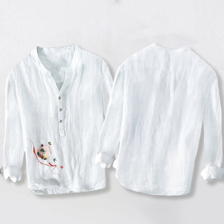 Chemise à manches longues pour homme en coton et lin, motif lanterne en bambou et Buddha Stones , papillon et demi-boutons - image 5