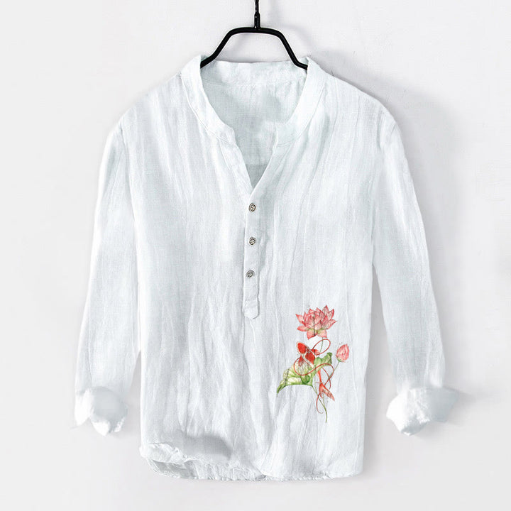 Chemise à manches longues pour homme en coton et lin, à demi-boutons, ornée de Buddha Stones , de carpes koï nageant et de lotus. - Blanc - US/UK/AU50，EU60 (5XL) - image 0