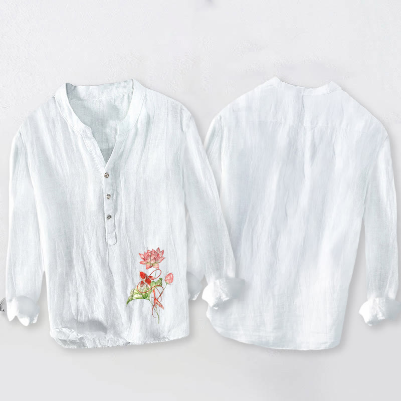 Chemise à manches longues pour homme en coton et lin, à demi-boutons, ornée de Buddha Stones , de carpes koï nageant et de lotus. - image 2