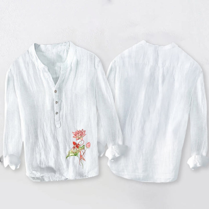 Chemise à manches longues pour homme en coton et lin, à demi-boutons, ornée de Buddha Stones , de carpes koï nageant et de lotus. - image 2