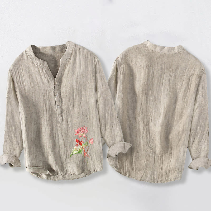 Chemise à manches longues pour homme en coton et lin, à demi-boutons, ornée de Buddha Stones , de carpes koï nageant et de lotus. - image 5