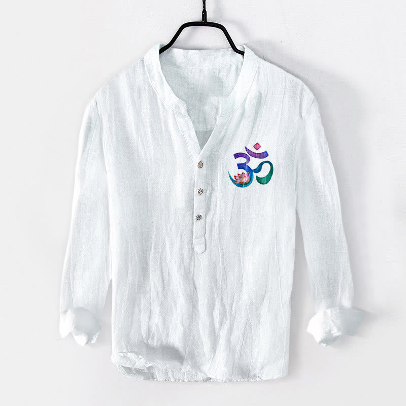 Chemise à manches longues pour homme en coton et lin, motif lotus et symbole OM, ornée de demi-boutons et de Buddha Stones - image 8