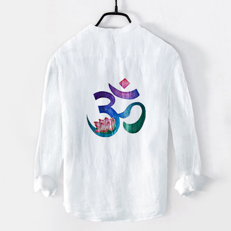 Chemise à manches longues pour homme en coton et lin, motif lotus et symbole OM, ornée de demi-boutons et de Buddha Stones - image 7