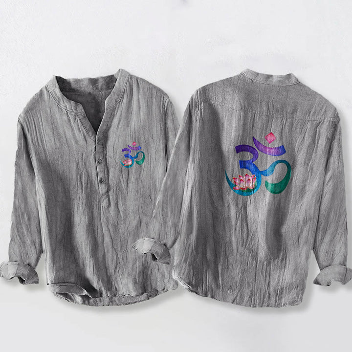 Chemise à manches longues pour homme en coton et lin, motif lotus et symbole OM, ornée de demi-boutons et de Buddha Stones - Gris - US/UK/AU50，EU60 (5XL) - image 0